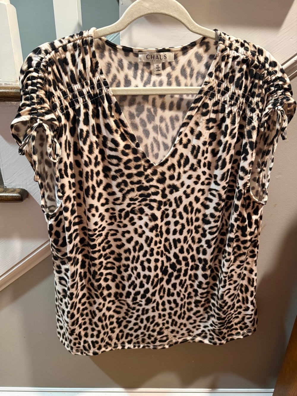 Chaus Leopard Print V-Neck Blouse in Beige and Black